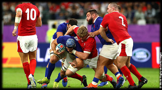 Wales v France Wenceslas Lauret wrapped by Aaron Wainwright QF3 RWC2019